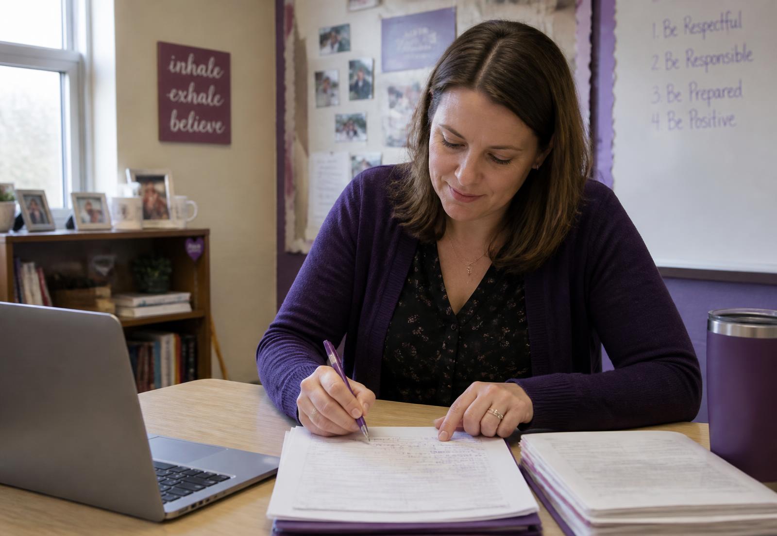 A teacher giving written feedback on student work at her desk