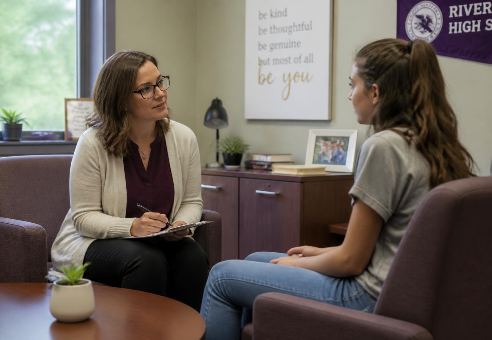 A school counselor listening to a student in a quiet office