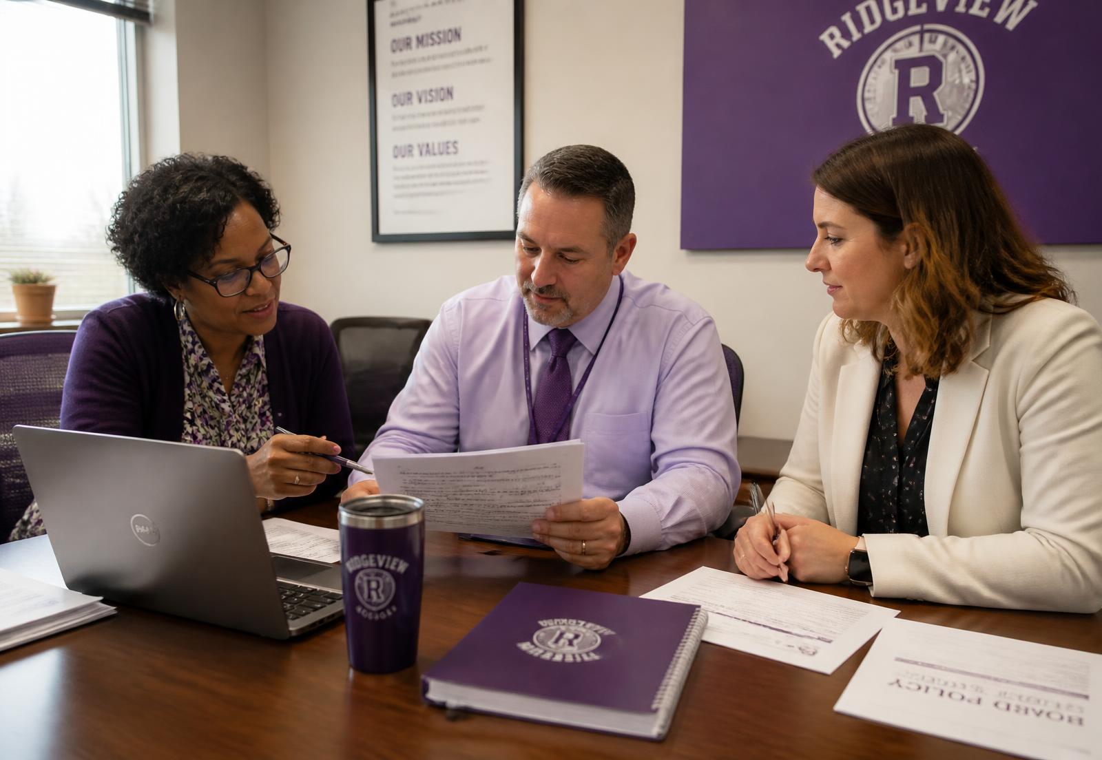 School administrators reviewing printed policy documents around a table
