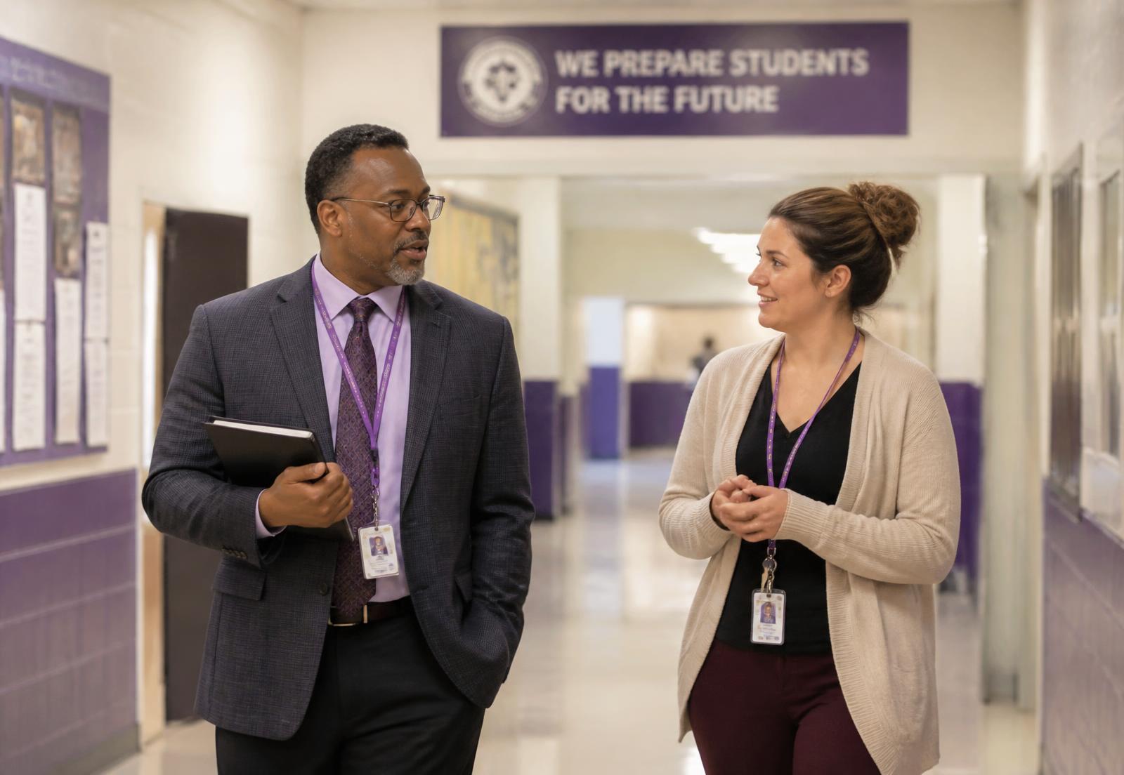 A principal walking a school hallway in conversation with a teacher