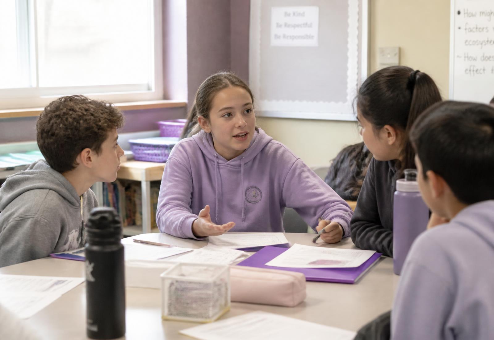 Middle school students collaborating and explaining ideas at a table