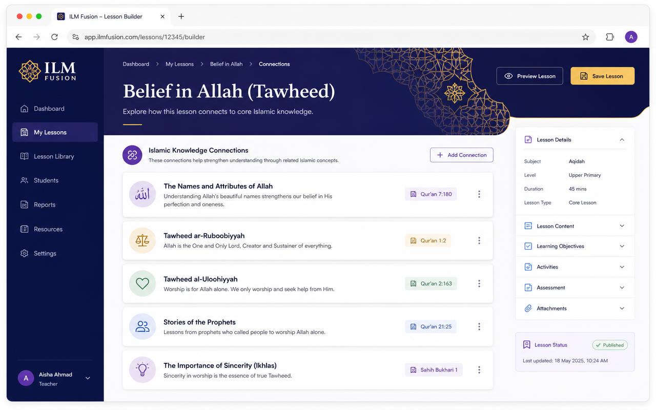 ILM Fusion lesson builder connecting a subject lesson to Islamic knowledge