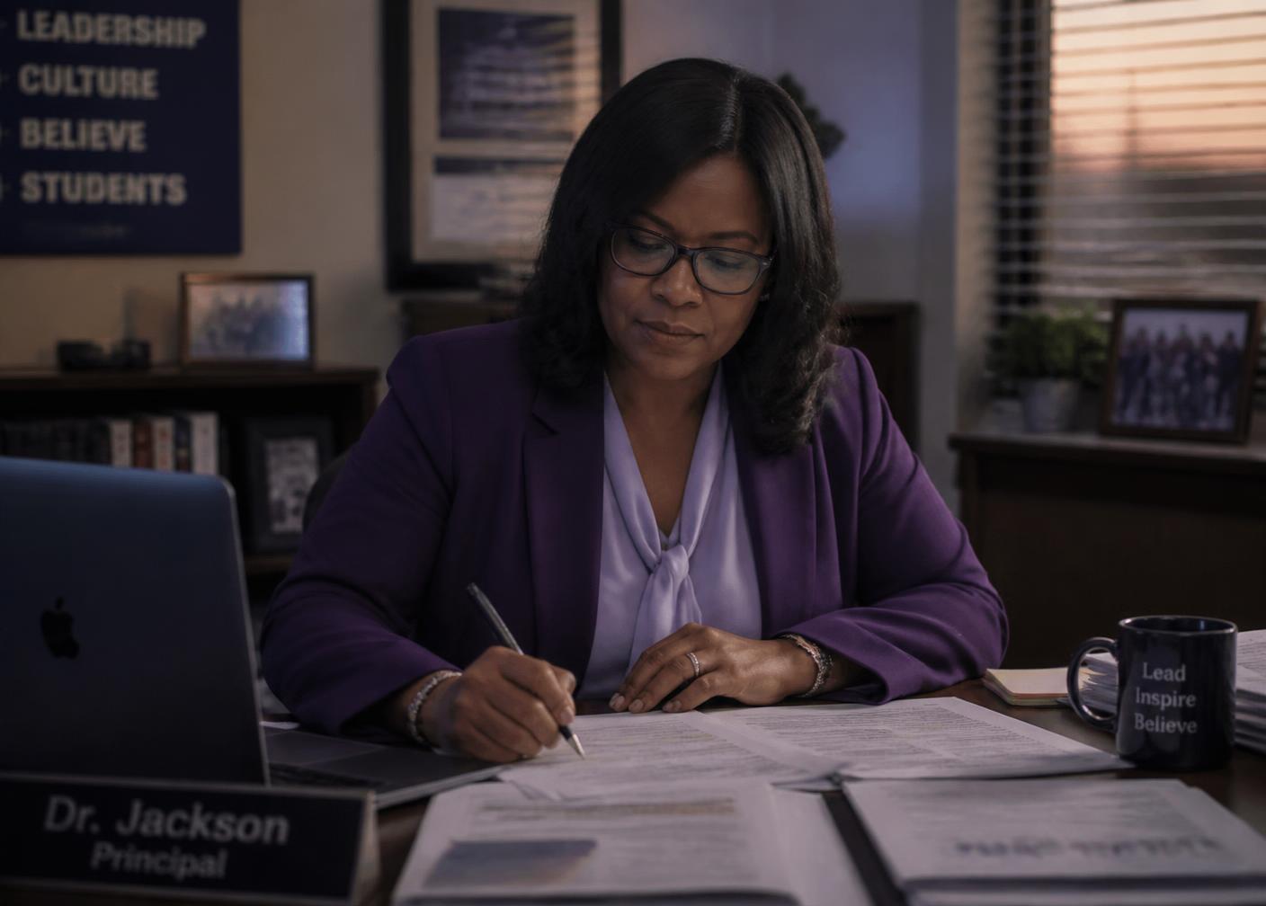 A school principal working late reviewing reports and plans