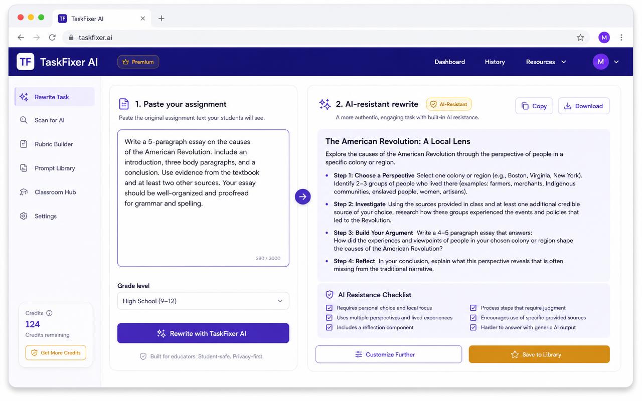 TaskFixer AI interface showing an assignment rewritten to be AI-resistant